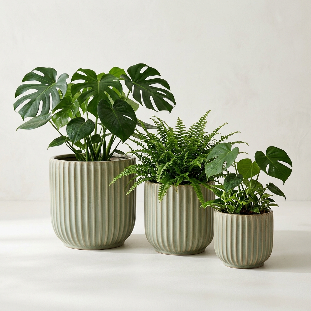 halford-fluted-ceramic-planters-set-1.jpg Nayagoods Modern Fluted Ceramic Garden Planters (Set of 3 – Indoor & Outdoor) - Image 1